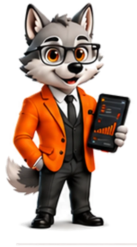 Thola in an orange blazer and glasses holding a phone showing charts