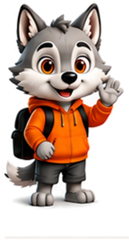 Thola in an orange hoodie and backpack, waving